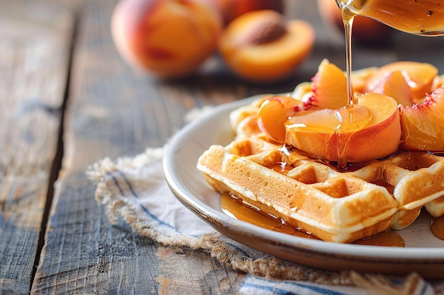 Drizzling peach syrup on waffles