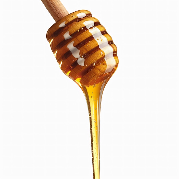 Drizzling rich falling golden honey from wooden dipper onto white background