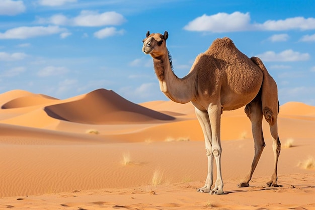 Dromedary arabian camel roaming in the sahara desert