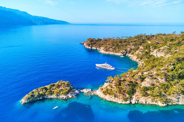 Drone aerial photo of luxury private yacht in the mediterranean azure sea at sunny summer day