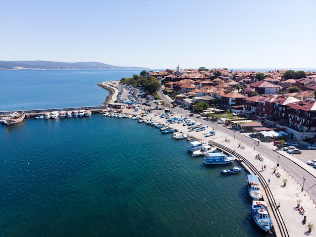 Drone aerial view from above of Nessebar ancient city on the Black Sea