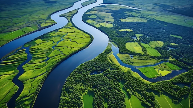 a drone aerial view of a river and green fields Generative AI