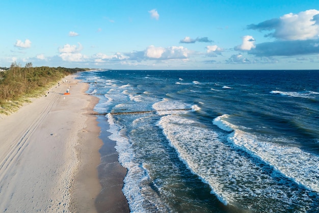 Drone aerial view of sea seashore landscape with sand beach without people baltic sea coastline in p