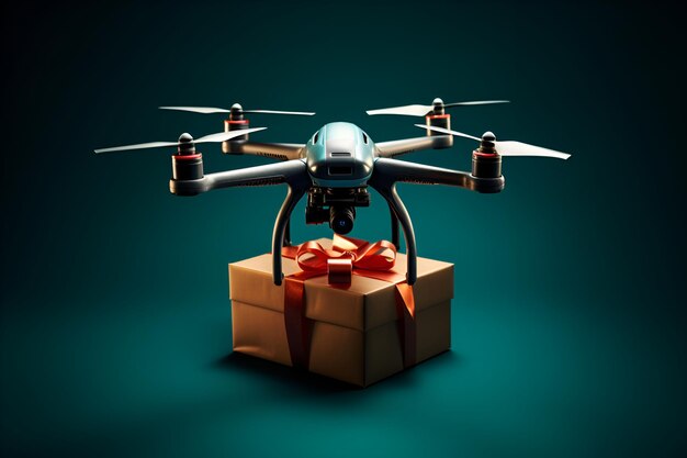 A drone and a beautifully wrapped gift on a dark green background