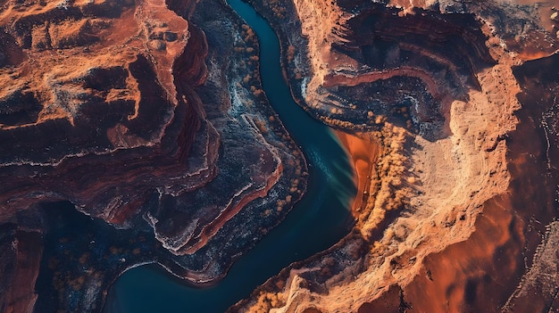 Photo the drone captures a dramatic view of a winding river carving its way through a rugged desert canyon