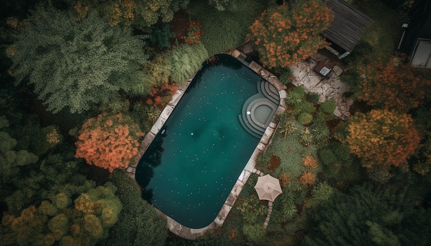 Drone captures stunning autumn landscape of old farm and pond generated by AI