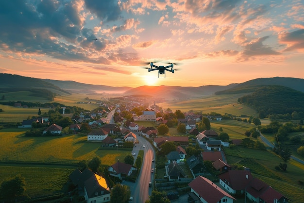 Drone Capturing Countryside Village at Sunset