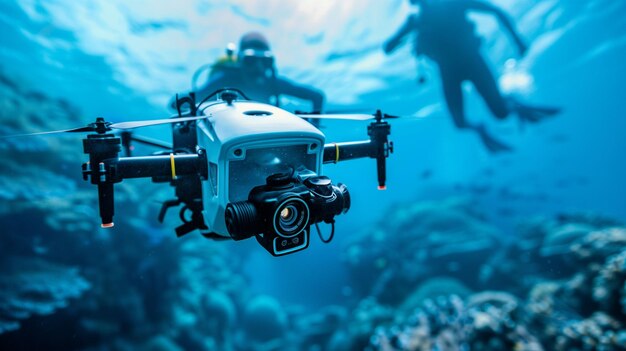 Photo a drone capturing underwater footage near divers exploring a vibrant reef in clear blue ocean waters during midday sunlight