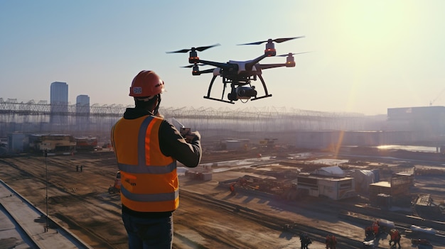 Drone over construction site video surveillance