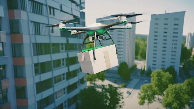 Drone delivering box full into green city street Generative AI