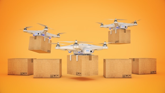 Drone delivering a package 3d rendering