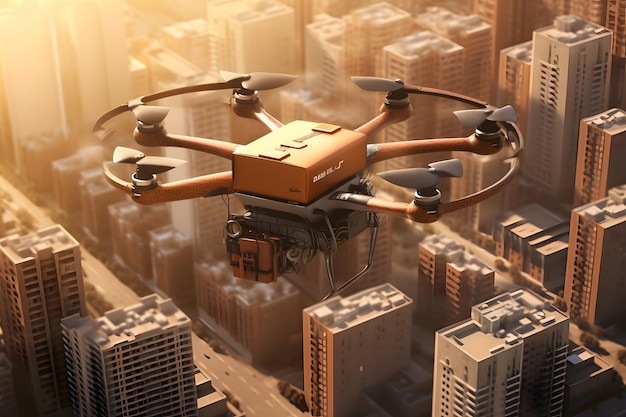 Drone delivering a parcel against aerial view of a city