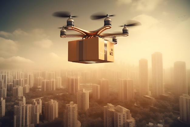 Drone delivering a parcel into urban city