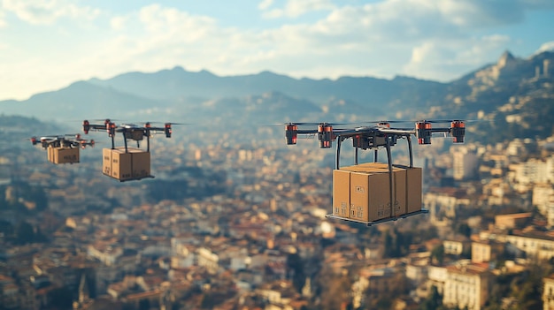 Photo drone delivery over cityscape at dawn