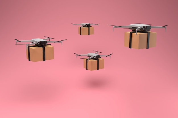 Drone delivery concept Autonomous unmanned aerial vehicle used to transport packages 3D rendering