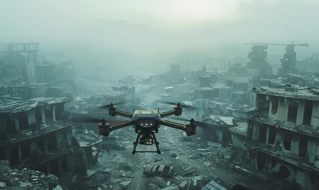 Photo a drone delivery service operates in a postapocalyptic wasteland delivering essential supplies to survivors amidst the ruins