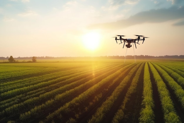 Drone farmer field sprayer Sunset nature Generate Ai