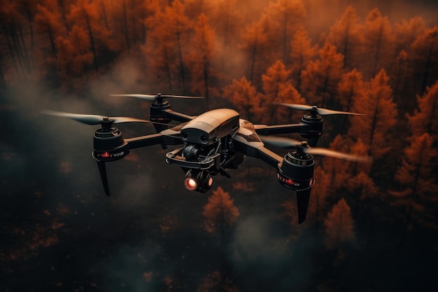 Drone flies over autumn forest with aerial top view Generative Ai