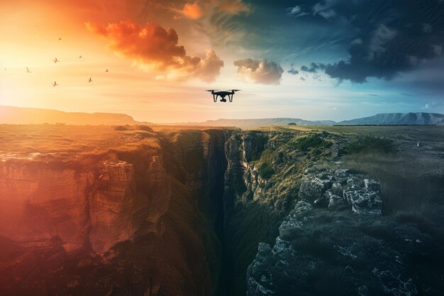 Photo drone flies above canyon during stunning sunset transitioning to night under dramatic sky