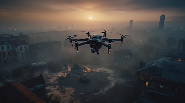 A drone flies over a city at sunset.