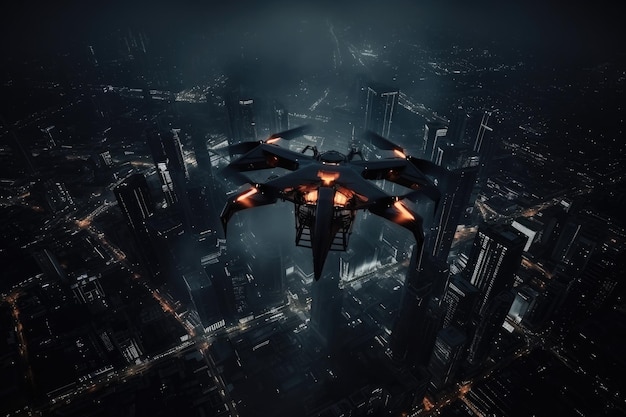 Drone flies over city with aerial top view futuristic Generative Ai