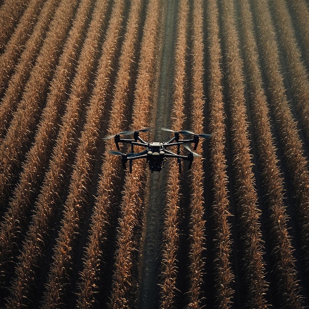 Photo a drone flies over a field of corn showcasing agricultural technology