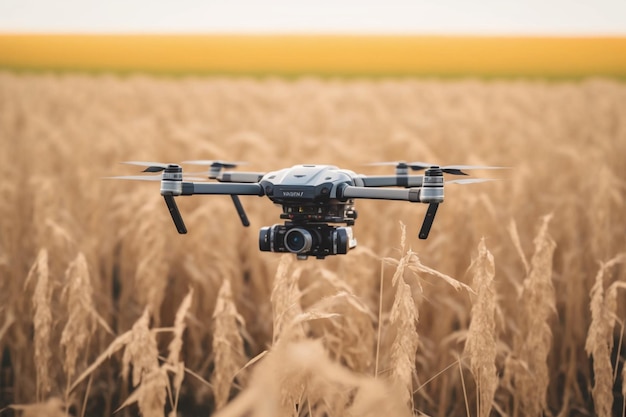 A drone flies over a field of wheat.