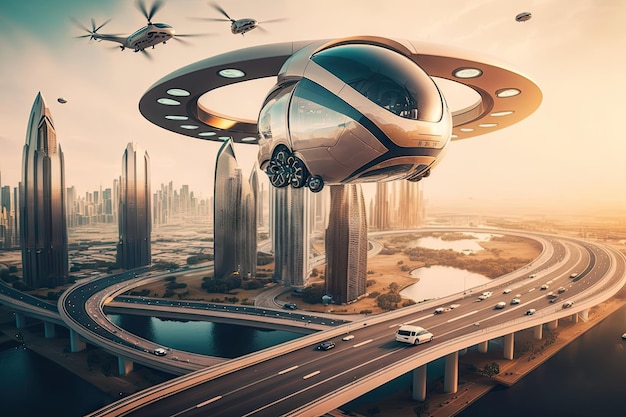 Drone flies above futuristic city showcasing the public transportation system and its passengers