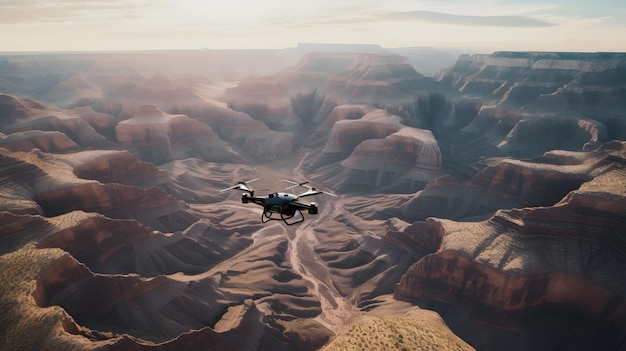 A drone flies over the grand canyon.