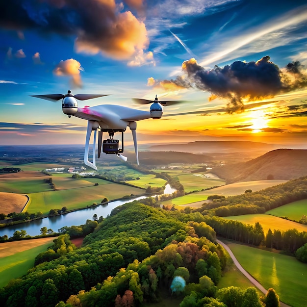 Photo a drone flies over a rural landscape with a river in the background