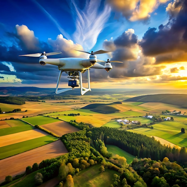 Photo a drone flies over a rural landscape with a sunset in the background