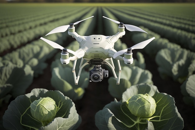 Drone flies in the sky over a cabbage field technology in the agricultural business controlling crop production automatically green technology of the future Generative AI