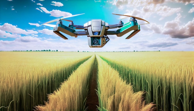 Drone flies in the sky over rice fields Generative AI