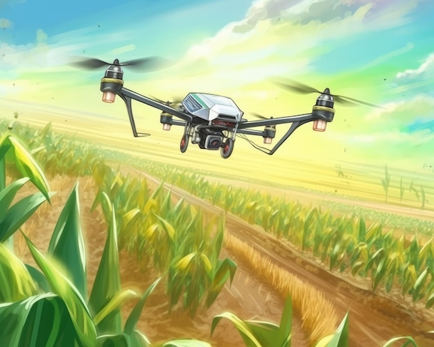 A drone flies over smart farming technology in a corn field Watercolor style Generative AI