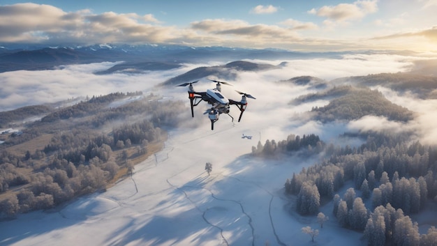 a drone flies over a snowy landscape