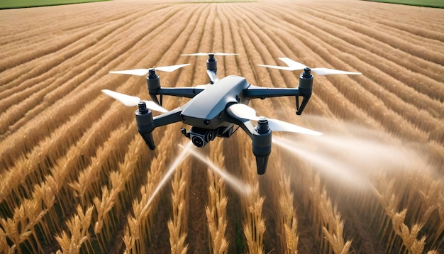 a drone flies through a field of wheat