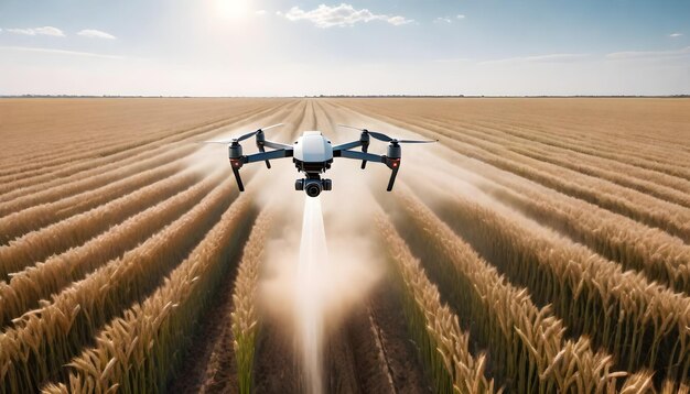 a drone flies through a field of wheat