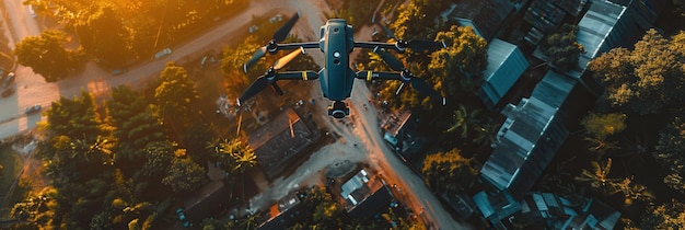 Photo a drone flies over a town at sunset capturing stunning aerial footage of the urban landscape generative ai