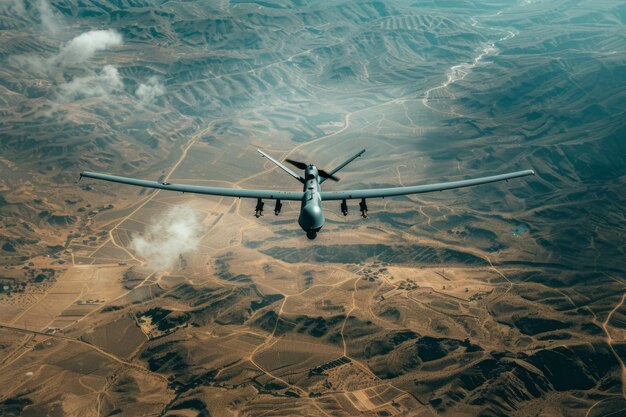 Photo drone in flight over desolate landscape