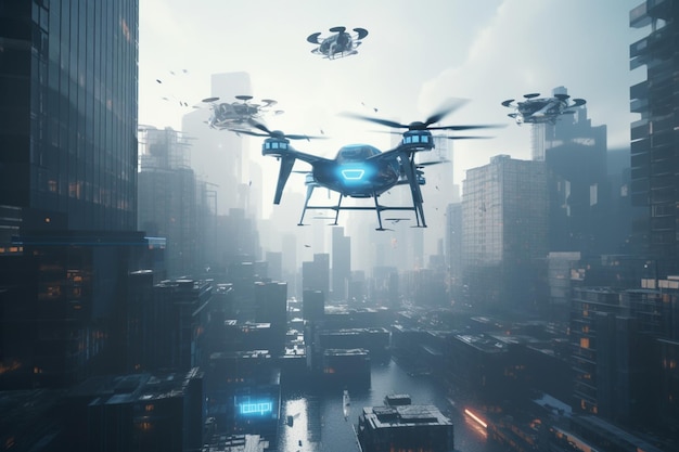 Drone flying over a city with a blue light that says'drone '