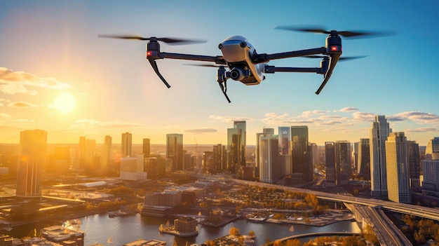 Drone flying above the city