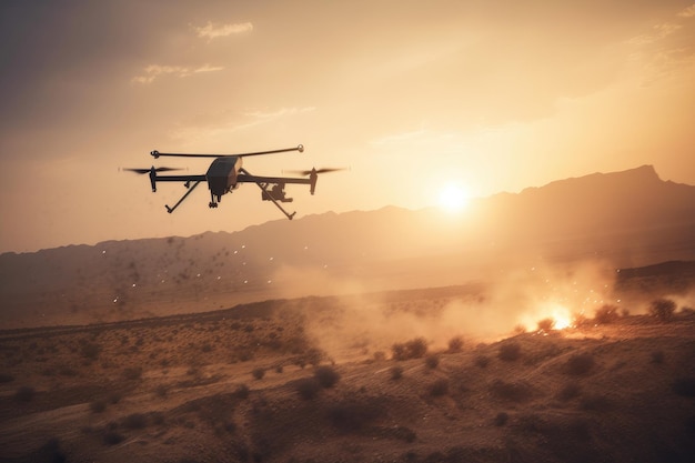 Drone flying in the desert at sunset 3D Rendering Military combat UAV drone launching missiles AI Generated