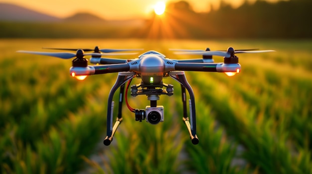 Drone flying over field at sunset