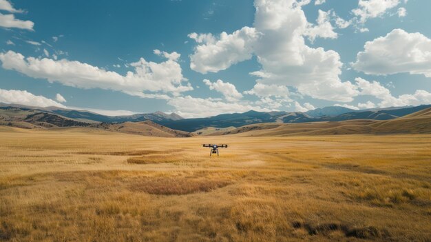 Photo drone flying over field with mountains in background