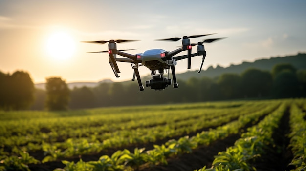 A drone flying over fields