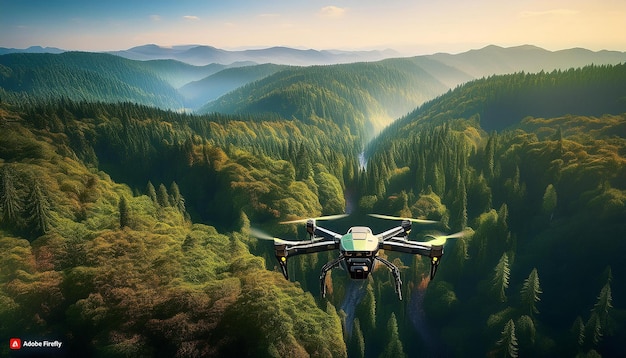 Photo drone flying over a forest with mountains in the background