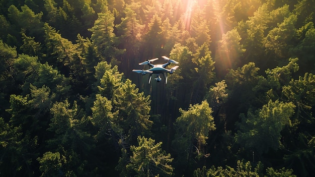 Photo drone flying over a forest with the sun behind it