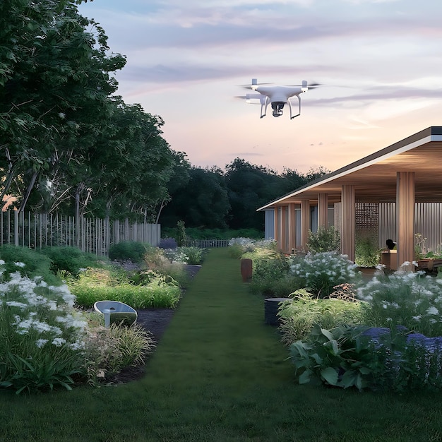 a drone flying over a garden with a house in the background