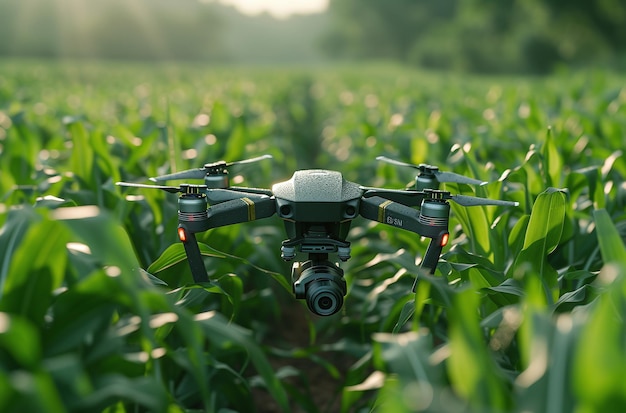 Drone flying over green crops in a field with sunlight filtering through showcasing modern agricultural technology