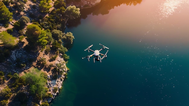 Photo drone flying over a lake